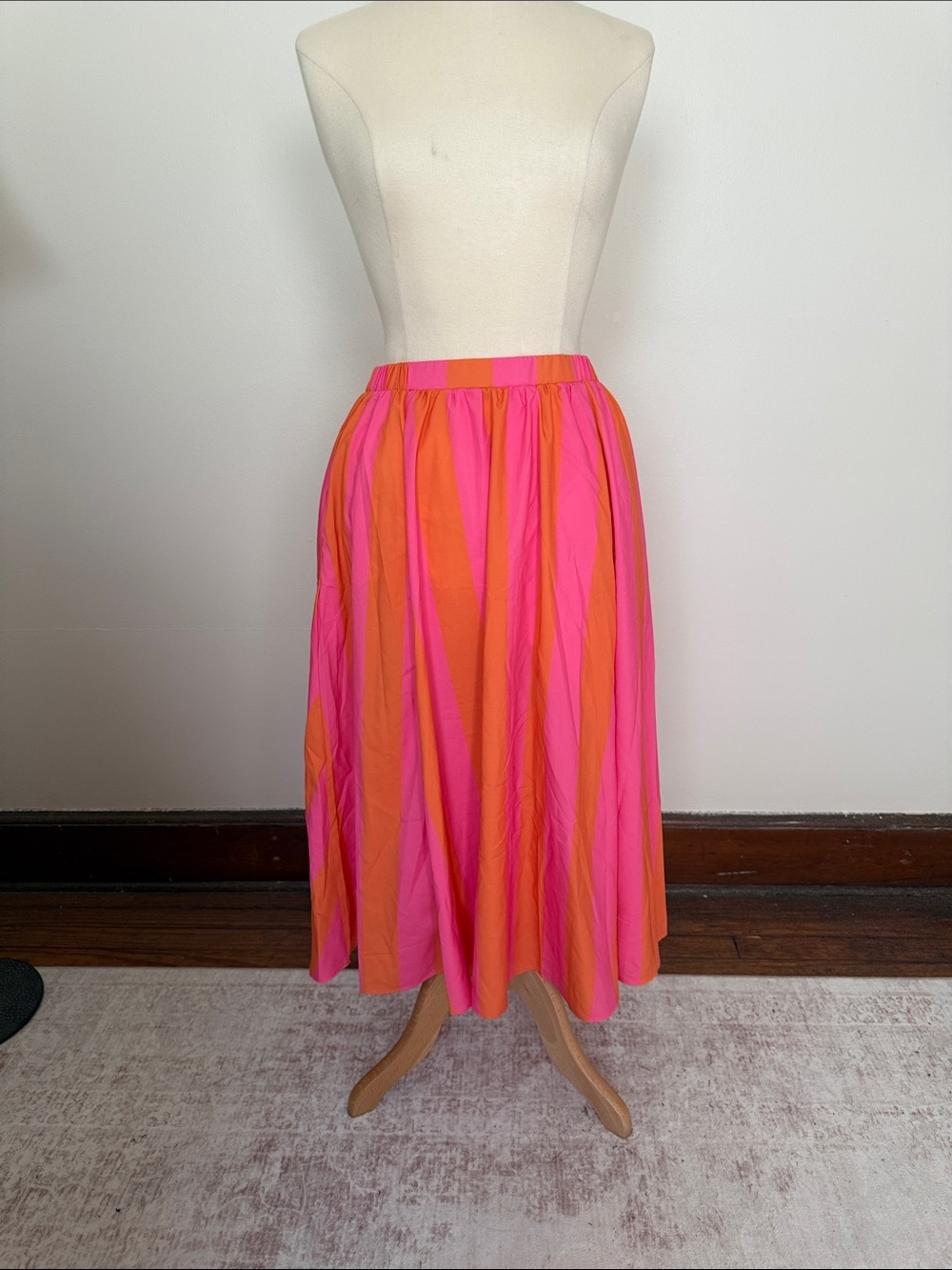 Pink & Orange Striped Elastic-Waist Midi Skirt